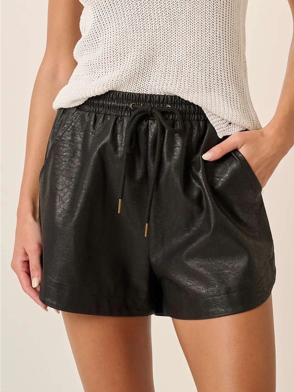 mittoshop Black Faux Leather High-Waist Drawstring Shorts